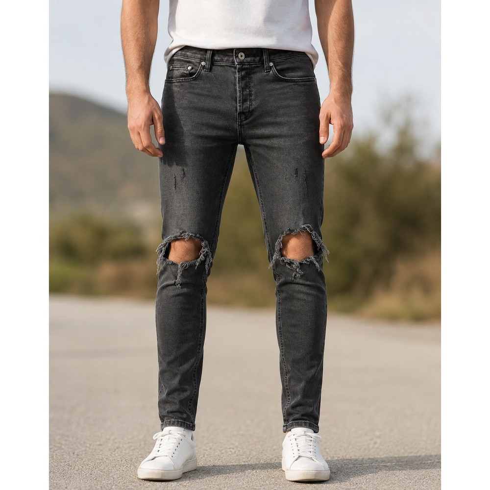 Topman Stretch Skinny Jeans Men 32R Black Ripped Knee Distressed 60B11QBLK